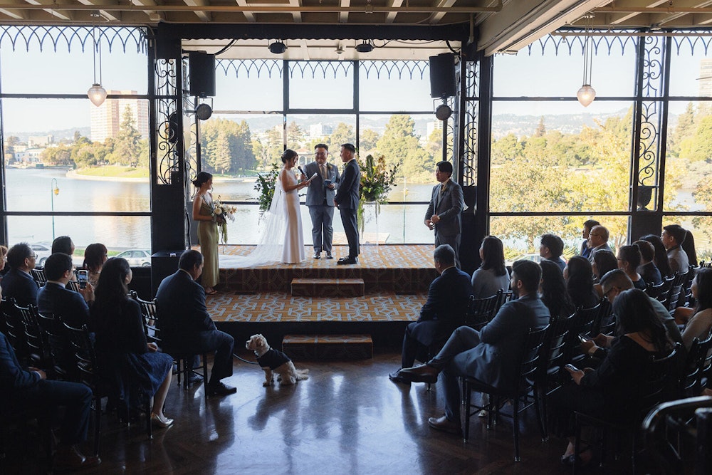 The raised ceremony stage ensures every single guest gets a picture-perfect view of the couple's vows.